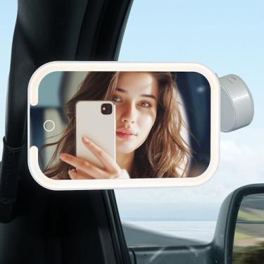 Imagem de JOYTUTUS Ventosa para espelho automotivo com luzes, espelho de maquiagem com 3 modos de iluminação, controle de toque regulável recarregável para viagem com rotação de 360 graus para caminhões SUV