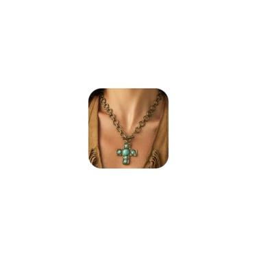 Imagem de Boho Colar com pingente de cruz turquesa dourado grosso para mulheres vintage crucifixo country western, acessórios exclusivos para joias, Large, Zinco, Sem Pedra Preciosa
