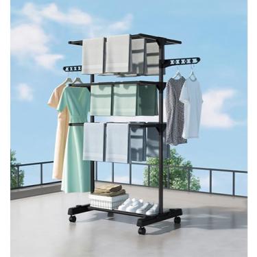 Imagem de Hhsdyl Estendal de Roupa Dobrável, Estendal de 4 Níveis com Rodas e Asas, Cavalete de Roupa em Aço Carbono para Interior e Exterior, Poupa Espaço, Preto