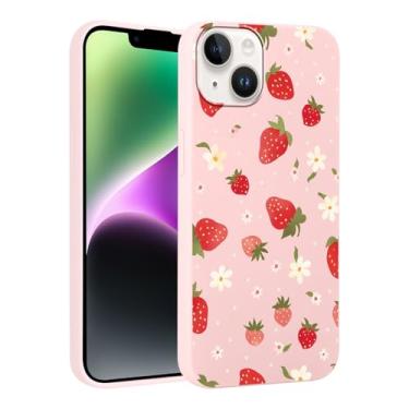 Imagem de FBHGLOA Capa de telefone para iPhone 13/iPhone 14 de 6,1 polegadas, linda colagem de flores de morango, capa protetora de TPU (poliuretano termoplástico) para mulheres e meninas