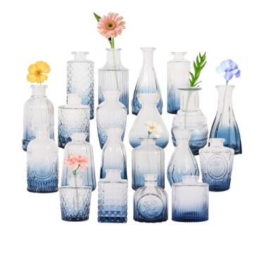 Imagem de Conjunto de 20 vasos de vidro azul, vasos de flores pequenos para centros de mesa de casamento, vasos de botão em vaso de vidro a granel para decoração de mesa, decoração de casa
