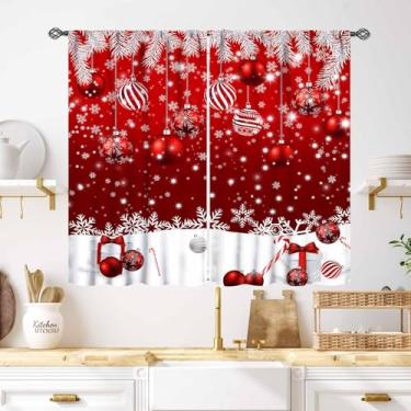 Imagem de Cortinas de Natal para sala de estar, abeto de inverno, bolas coloridas de Natal, Feliz Ano Novo, decoração de janela vermelha para quarto, sala de estar, cozinha, banheiro, 2 painéis, 139 x 99 cm
