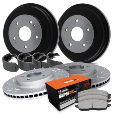 Imagem de R1 Concepts Rotor e tambor de freio a disco revestido de carbono perfurado e ranhurado com pastilhas e sapatos super resistentes dianteiro e traseiro Ford E-150 Econoline Club Wagon 1994-1996, F-150