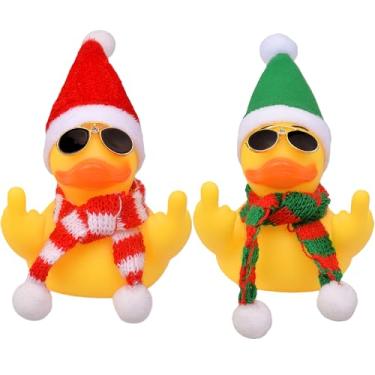 Imagem de CoFuBcad 2 peças de decoração de painel de carro de pato de borracha divertida de Natal 8 cm ornamentos de carros de pato amarelo com chapéu de Natal cachecol óculos de sol para carro casa para