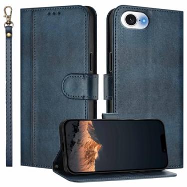 Imagem de JanCalm Capa carteira para iPhone 16e, compartimentos para dinheiro, alça de pulso, fecho magnético, proteção de couro PU, capa de design minimalista, capas flip com suporte para iPhone 16e (azul)
