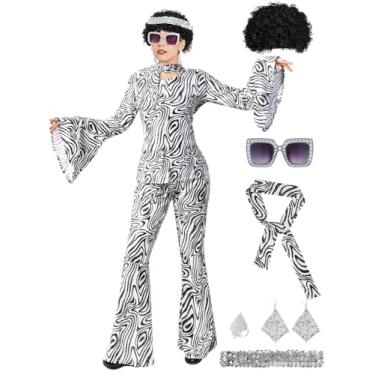 Imagem de FEELJAM Roupas femininas de discoteca dos anos 70, retrô, 8 peças, com blusa, calça, óculos de sol, anel, brincos, peruca (branco, grande)