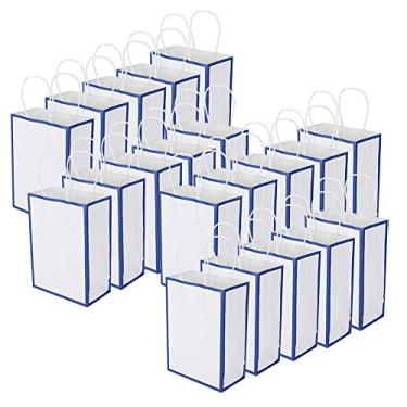 Imagem de Sacos de papel kraft ecologicamente corretos, reutilizáveis, duráveis, sacos de embalagem de presente para roupas, presentes, itens pequenos, branco, azul, 20 peças, 15x8x21cm