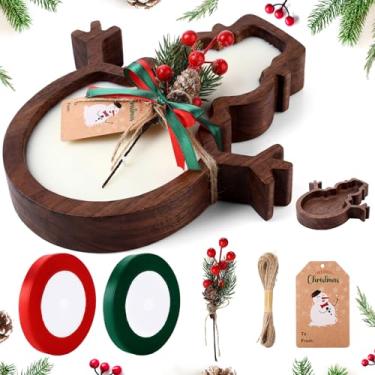 Imagem de Potchen 1 conjunto de velas de madeira de Natal tigela de massa de Natal de madeira rústica com etiqueta de frutas e pinheiro para decoração de mesa de fazenda de Natal, 30 x 25 x 5 cm (homem de neve)