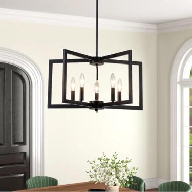 Imagem de PUMING Lustre Preto De 5 Luzes, Luminárias Geométricas Para Sala De Jantar, Lustres Modernos De Fazenda Sobre A Mesa, Lustre Industrial Suspenso Para Quarto, Cozinha, Ilha, Sala De Estar, Hall De En