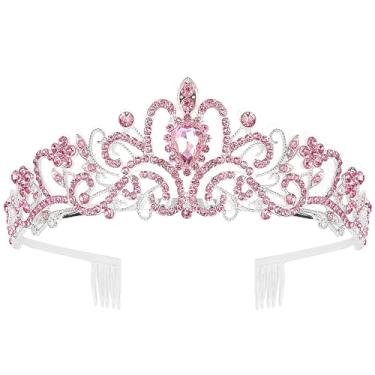 Imagem de COCIDE Tiara rosa e coroas para meninas Tiara de cristal princesa strass coroa com pentes de noiva tiara de noiva casamento formatura festa de aniversário acessórios de cabelo joias para mulheres e meninas (5 rosa)