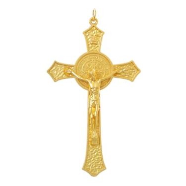 Imagem de KOMI Crucifixo de metal dourado pequeno crucifixo de São Bento para decoração de casa de 12 x 7 cm, cruz de Jesus Cristo, proteção de San Benito, presentes de fé católica