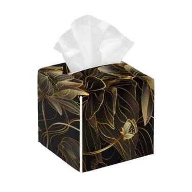 Imagem de Porta-lenços de couro quadrado à prova d'água Fiower Lotus Golden Lines organizador de papel facial com cinto inferior cubo estojo de lenços para mesa, banheiro, escritório, mesa, carro, decorativo