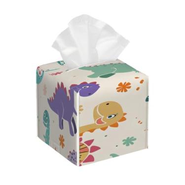 Imagem de Capa quadrada de couro para caixa de lenços à prova d'água, dinossauros, flores fofas, organizador de papel facial com cinto inferior, estojo de lenços para mesa, banheiro, escritório, mesa, carro