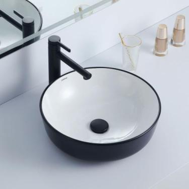 Imagem de Cuba Deend De Cerâmica RotondaNeroBianco Banheiro 42x42x14cm