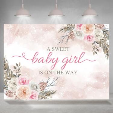 Imagem de Rsuuinu Pano de fundo para chá de bebê de 2,1 x 1,5 m Uma doce menina está a caminho, folhas florais de inverno, Natal, fotografia de fundo, decoração de festa para recém-nascidos, lembrancinhas