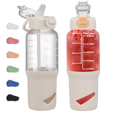 Imagem de SIEROZUR Garrafas de água de vidro de 946 ml com batedor de bola, coqueteleira para misturas de proteína, copo de vidro à prova de vazamento com 2 tampas e sem BPA, liquidificador para fitness, branco