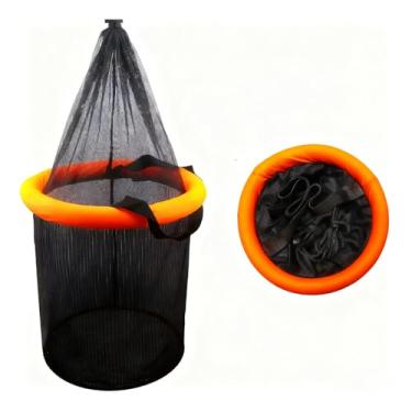 Imagem de Persei Cesta de pesca flutuante dobrável, rede de pesca portátil de malha de nylon, gaiola de armazenamento de balde de minnow revestida de borracha para lagostins e iscas vivas
