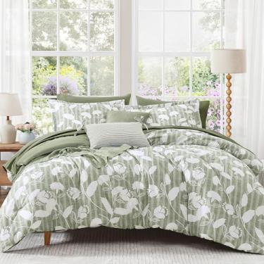 Imagem de BLOOMHAVEN Conjunto de edredom Queen com 7 peças, verde sálvia, floral, para todas as estações, edredom com flores botânicas, lençóis, fronhas e fronhas