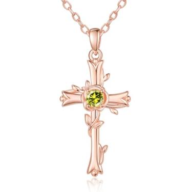 Imagem de SilvecFantasy Colar com pingente de cruz rosa para mulheres, colar de pedra do mês de nascimento da fé em ouro rosa, presente de aniversário de batismo na igreja para mãe, esposa, namorada, 1.26