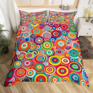 Imagem de Erosebridal Capa de edredom geométrico circular boêmio tamanho Queen | Conjunto de cama com estampa de arco-íris colorido boêmio, exótico, étnico, abstrato, capa de edredom para adultos, mulheres
