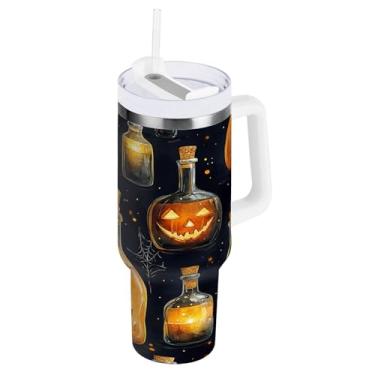 Imagem de STAYTOP Copo de abóbora de Halloween de 1,134 g em uma garrafa de vinho com tampa e palha, copo isolado de aço inoxidável durável à prova de vazamento com alça, garrafas de água à prova de