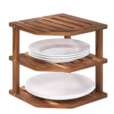 Imagem de VERTORGAN Prateleira de canto de madeira de acácia de 3 níveis, escorredor de louça, organizador de pratos, suporte de especiarias de cozinha para bancada e armário, organização e armazenamento de