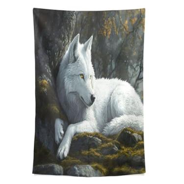 Imagem de STAYTOP Tapeçaria de parede de lobo branco com olhos laranja tapeçaria para decoração de casa dormitório sala de estar quarto tapete de parede (90 × 60 pol)