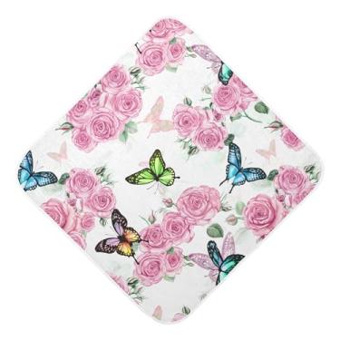 Imagem de Burbuja Toalha de banho de bebê Roses Butterflies - Toalha com capuz de musselina macia e absorvente para recém-nascidos, 89 x 89 cm