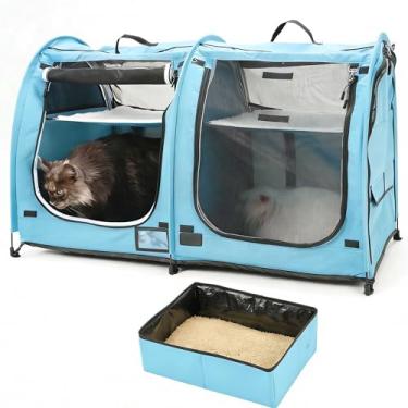 Imagem de Compartimento duplo portátil Mispace Show House Gaiola/condomínio para gatos - Canil fácil de dobrar e transportar - Caixa de viagem confortável para filhotes de cachorro e casa com bolsa de transporte portátil/duas redes/tapetes e caixa de areia dobrável