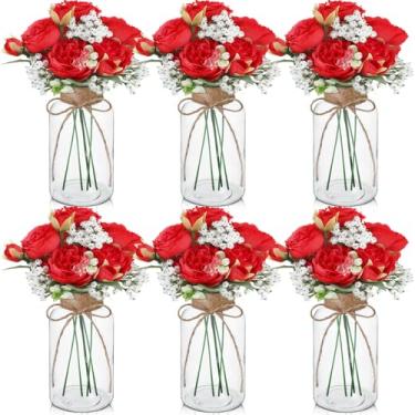 Imagem de Zeyune 6 conjuntos de vasos de vidro vintage com peônia artificial, buquês de flores, centro de mesa, decoração de casa de fazenda para casamento, arranjo floral, festa, decoração de mesa de casa