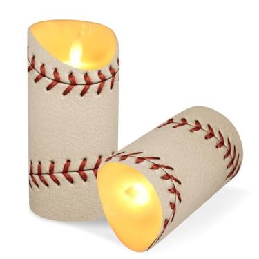 Imagem de ATTX Pacote com 2 velas planas de beisebol sem chama – Velas de pilar de LED de 7,6 cm x 15 cm com controle remoto e temporizador para casa, casamento, decoração de acampamento #429