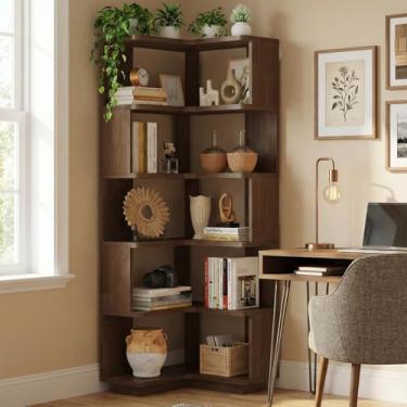 Imagem de Estante de canto de madeira em forma de L de 5 camadas – Prateleiras de canto de madeira maciça de 165 cm de altura para economia de espaço, prateleira de exibição aberta com defletor para escritório