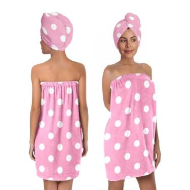 Imagem de BaBakiak Conjunto de envoltório de banho de bolinhas rosa e branco com turbante de cabelo, toalha de spa com padrão de bolinhas rosa e branco, roupão de toalha para mulheres