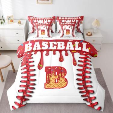 Imagem de Conjunto de edredom de beisebol personalizado com lençóis, fronhas e capa de almofada, inicial B, conjunto de cama de 7 peças para decoração de quarto de meninas, presente para amantes de beisebol