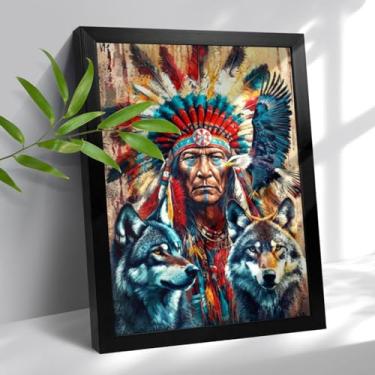 Imagem de Arte de parede nativa americana homem indiano e lobo águia decoração de parede moldura preta arte de parede do sudoeste indiano arte em tela para sala de estar quarto decoração de casa 12×16 polegadas