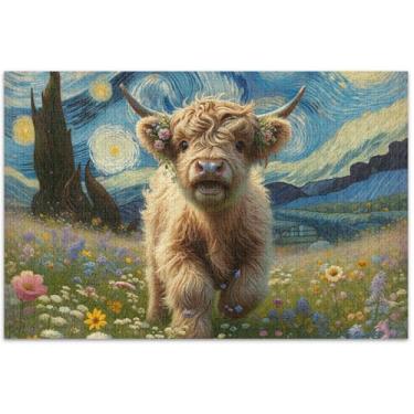 Imagem de Quebra-cabeça fofo de vaca Highland com gado estrelado, 1000 peças, flores para adultos, pintura animal, quebra-cabeças exclusivos para adultos, quebra-cabeça de jogos, 75 x 40 cm