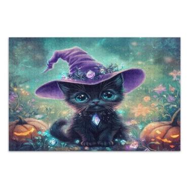 Imagem de Quebra-cabeça de Halloween gato roxo 1000 peças, quebra-cabeças jiggy para adultos com letras na parte de trás