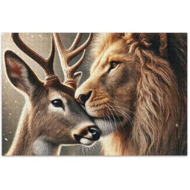 Imagem de Quebra-cabeça fofo de veado beijo de leão, 1000 peças, adultos, divertido, família, divertido, quebra-cabeça, brinquedo artístico, 75 x 40 cm