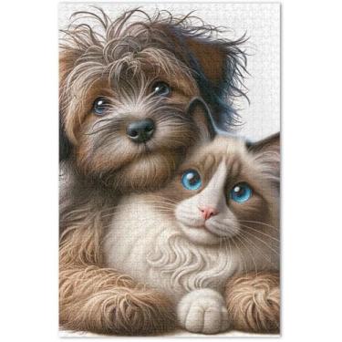 Imagem de Quebra-cabeça terrier cachorro Ragdoll gato fofo 1000 peças pintura animal adulto arte quebra-cabeça exclusivo jogo quebra-cabeça, presentes, 75 x 40 centímetros