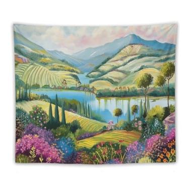 Imagem de Tapeçaria de parede floral de cacto rosa montanha deserto decoração boho ocidental arte cênica vibrante para sala de estar quarto pátio brincalhão rústico acento pendurado cena colorida 50 x 60