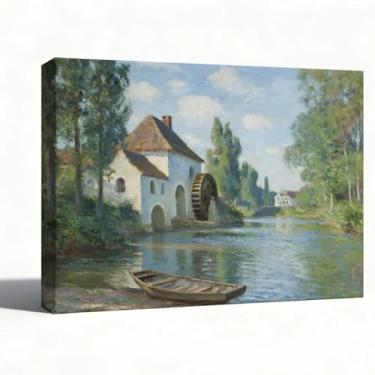 Imagem de Arte de parede em tela de paisagem, impressão de pintura a óleo da cena do rio Watermill, arte rústica do campo com barco, decoração de parede de casa de fazenda vintage para sala de estar, quarto