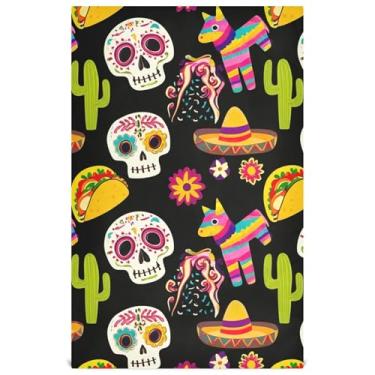 Imagem de Joisal Conjunto de panos de prato verde decoração de cozinha colorido caveira mexicana toalha de chá de mão preta fofa para secar pratos absorvente de banheiro 45 x 71 cm, pacote com 4