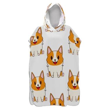 Imagem de TSENQUE Poncho de surfe leve trocador de roupão para adultos praia moletom toalha floral bonito desenho animado corgi cães branco unissex adulto poncho com capuz