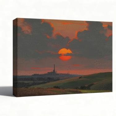 Imagem de Arte de parede em tela de paisagem horizonte do pôr do sol, impressão de pintura a óleo de céu dramático, decoração de parede moderna de casa de fazenda para sala de estar quarto escritório, pronto