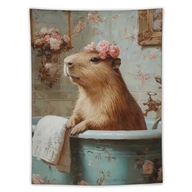 Imagem de Tapeçaria vintage capivara na banheira para banheiro floral chalé para pendurar na parede animal fofo spa decoração para banheiro banheiro casa casa decoração presente dormitório 152 x 203