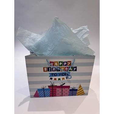 Imagem de Ssyuysto Bolsa grande de presente de aniversário azul para presente de feliz aniversário com etiquetas de papel de seda, saco de presente de festa de papel kraft com alças de corda para mulheres