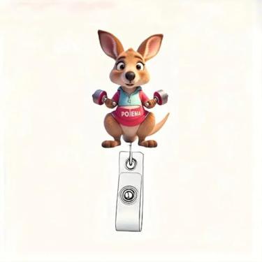 Imagem de Carretel de crachá de canguru fitness 2D, porta-crachás retráteis planos de acrílico canguru fofo, carretel de crachá de identificação de médico e enfermeira com clipe retrátil, presente festivo ideal