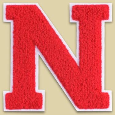 Imagem de QianSiLi Adesivos de letras universitárias de chenille vermelho de 15 cm, letras grandes para jaquetas Letterman, moletons com capuz, mochilas, coletes, roupas, adesivos individuais de letra N