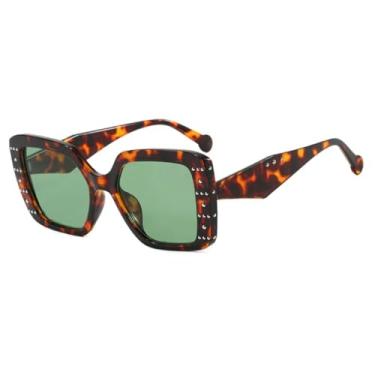 Imagem de HCHES Óculos de Sol Femininos Retro Gradient com Armação de Luxo Incrustada com Rebites e Proteção UV400 (Verde Leopardo)