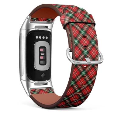 Imagem de MRAKPLGE Pulseira de relógio, estampa tartã vermelha de Natal, compatível com Fitbit Charge 6/Fitbit Charge 5, pulseira de couro vegano de substituição, pulseira, pulseira para homens e mulheres